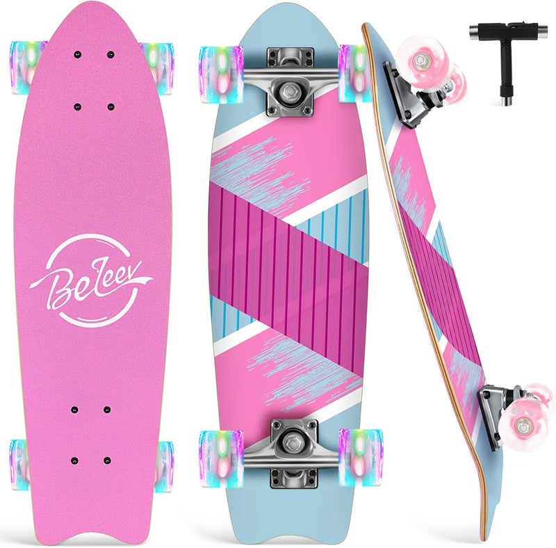 BELEEV Cruiser Skateboards for Beginners, 27 x 8 inch Complete Skateboard for Kids Teens Adults, 7 Ply Canadian Maple Double Kick Deck Concave Skateboard with Skate T-Tool - Image 1