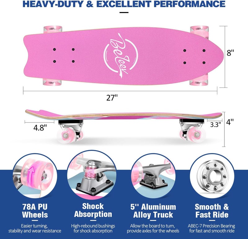 BELEEV Cruiser Skateboards for Beginners, 27 x 8 inch Complete Skateboard for Kids Teens Adults, 7 Ply Canadian Maple Double Kick Deck Concave Skateboard with Skate T-Tool - Image 3