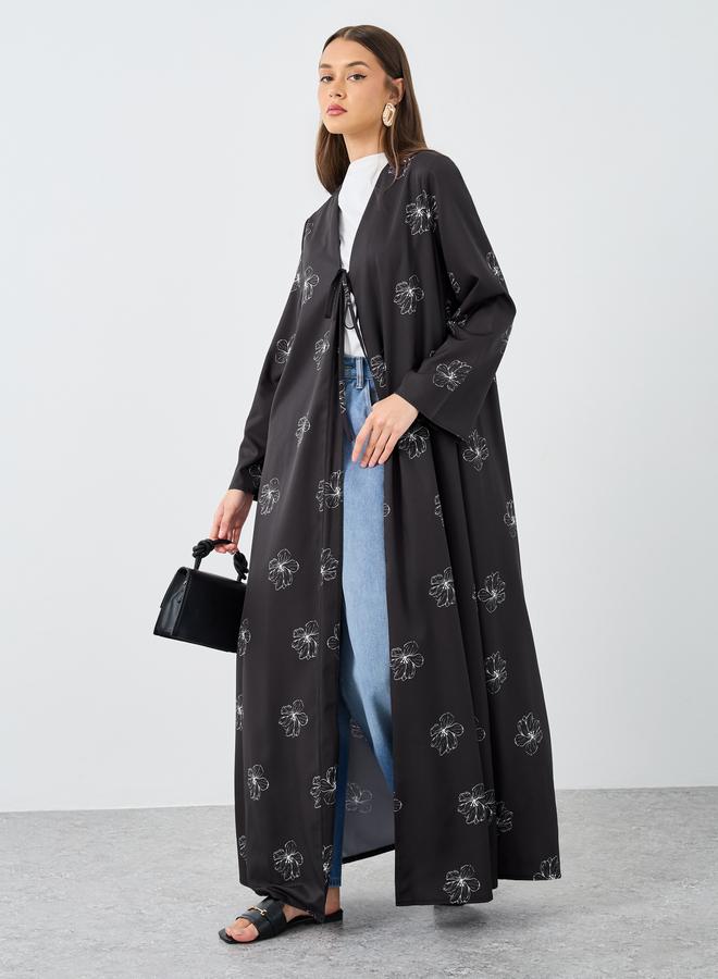 Styli Women Black Front Tie-Up Abaya with All Over Floral Print - Image 1