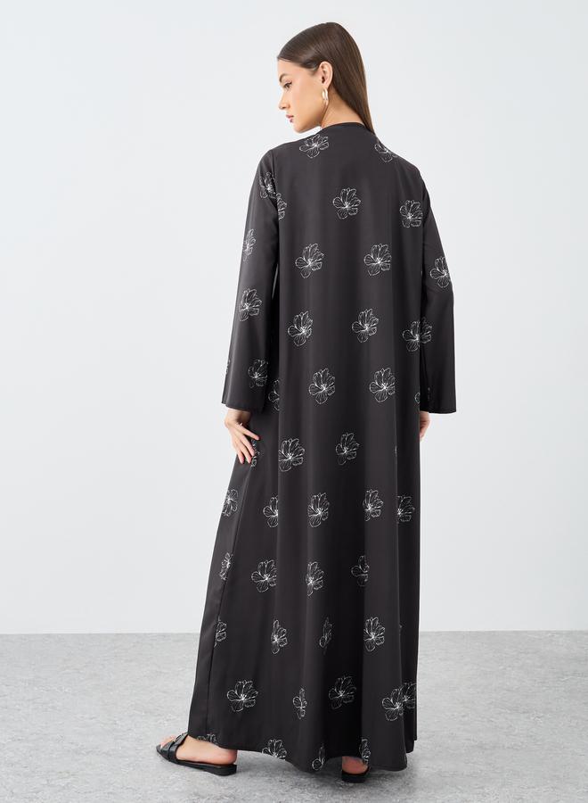 Styli Women Black Front Tie-Up Abaya with All Over Floral Print - Image 4