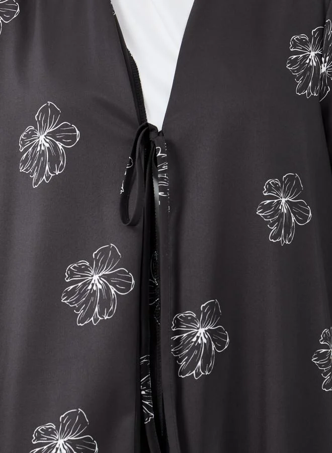 Styli Women Black Front Tie-Up Abaya with All Over Floral Print