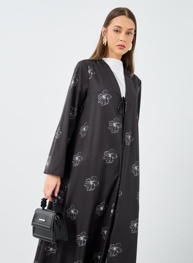 Styli Women Black Front Tie-Up Abaya with All Over Floral Print - Image 2