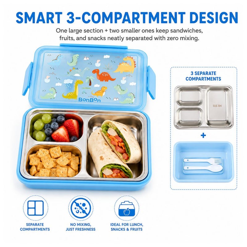 BonBon - Stainless Steel 3 Compartments Lunchbox - Dinos - Image 5