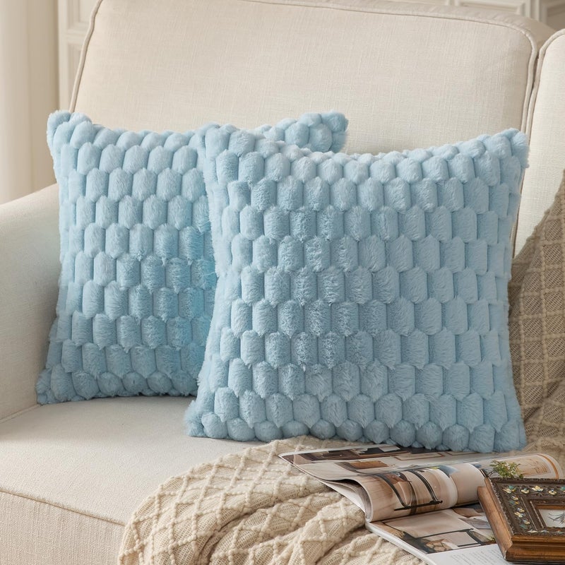 MANDIOO Pack of 2 Light Blue Super Soft Plush Fluffy Decorative Throw Pillow Covers 18x18 inch Faux Fur Wool Velvet Cushion Covers Pillow Cases Couch Sofa Bed Living Room - Image 1
