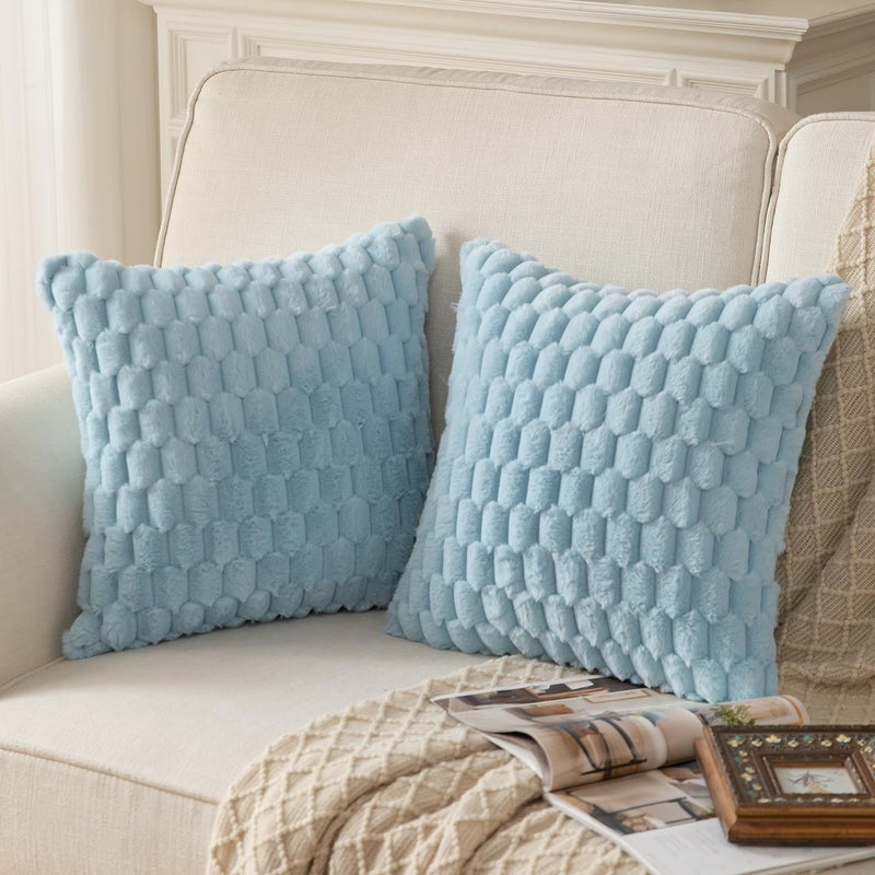 MANDIOO Pack of 2 Light Blue Super Soft Plush Fluffy Decorative Throw Pillow Covers 18x18 inch Faux Fur Wool Velvet Cushion Covers Pillow Cases Couch Sofa Bed Living Room - Image 2