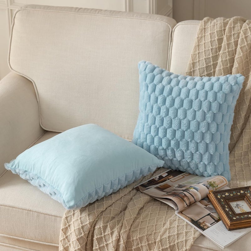 MANDIOO Pack of 2 Light Blue Super Soft Plush Fluffy Decorative Throw Pillow Covers 18x18 inch Faux Fur Wool Velvet Cushion Covers Pillow Cases Couch Sofa Bed Living Room - Image 3