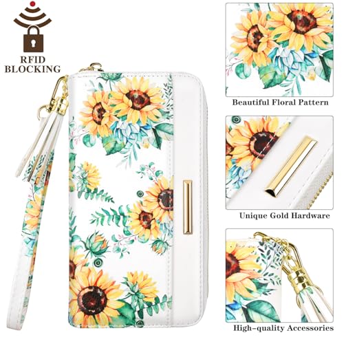 Coco Rossi Women Wallets Multi Card Case Wallet Clutch Wallet Card Holder Organizer Ladies Purse Floral Tassel Wrist strap Purse,White Sunflower - Image 2