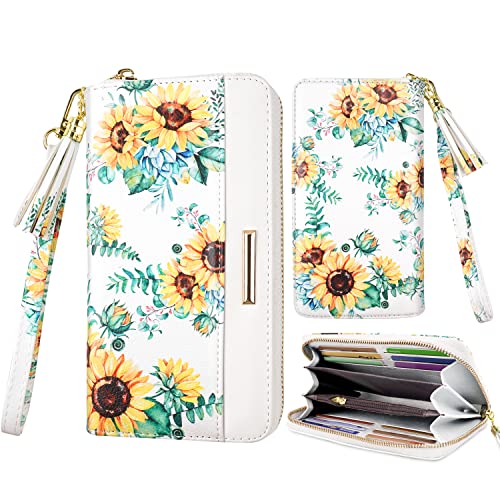 Coco Rossi Women Wallets Multi Card Case Wallet Clutch Wallet Card Holder Organizer Ladies Purse Floral Tassel Wrist strap Purse,White Sunflower - Image 1
