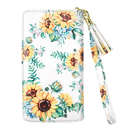 Coco Rossi Women Wallets Multi Card Case Wallet Clutch Wallet Card Holder Organizer Ladies Purse Floral Tassel Wrist strap Purse,White Sunflower - Image 5