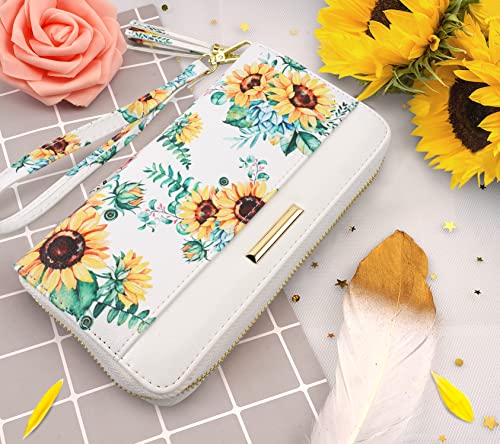 Coco Rossi Women Wallets Multi Card Case Wallet Clutch Wallet Card Holder Organizer Ladies Purse Floral Tassel Wrist strap Purse,White Sunflower - Image 4
