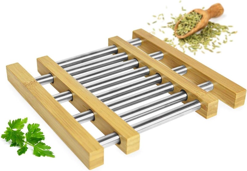 LASALE Heat Resistant Bamboo Pot Holder Stand Stainless Steel Wire Mesh Rack for Kitchen Dining Home - Image 4