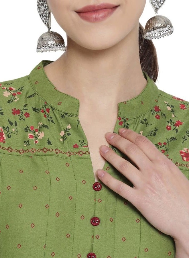 Yash Gallery كورتا أناركالي مزخرف بالأزهار من رايون للنساء (أخضر، م) - Image 3