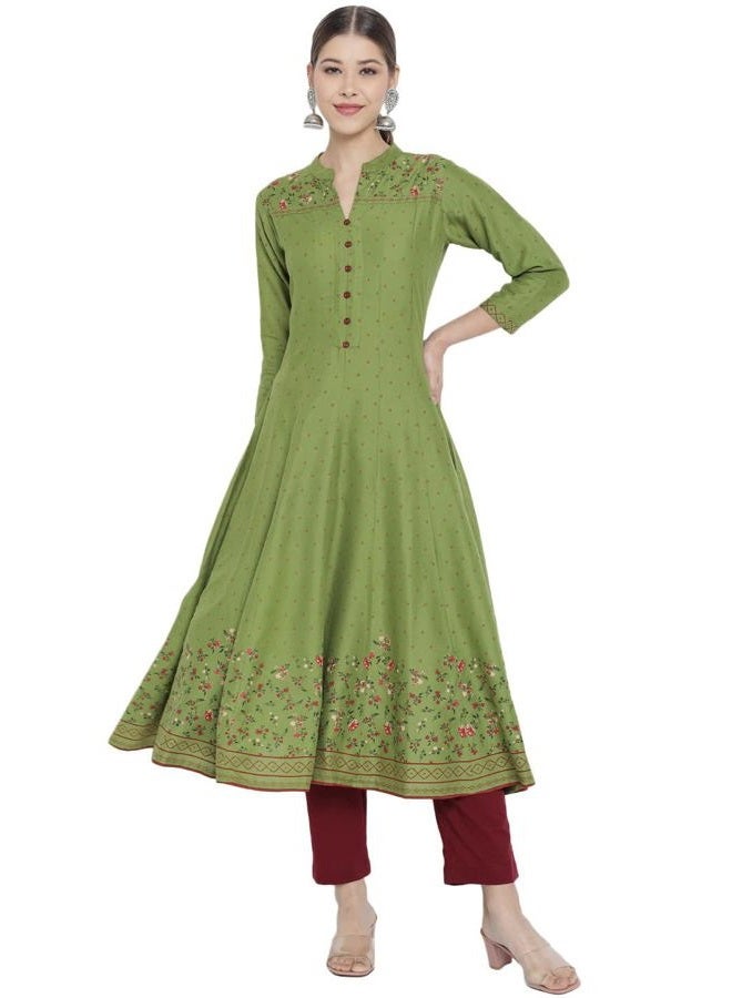 Yash Gallery كورتا أناركالي مزخرف بالأزهار من رايون للنساء (أخضر، م) - Image 1