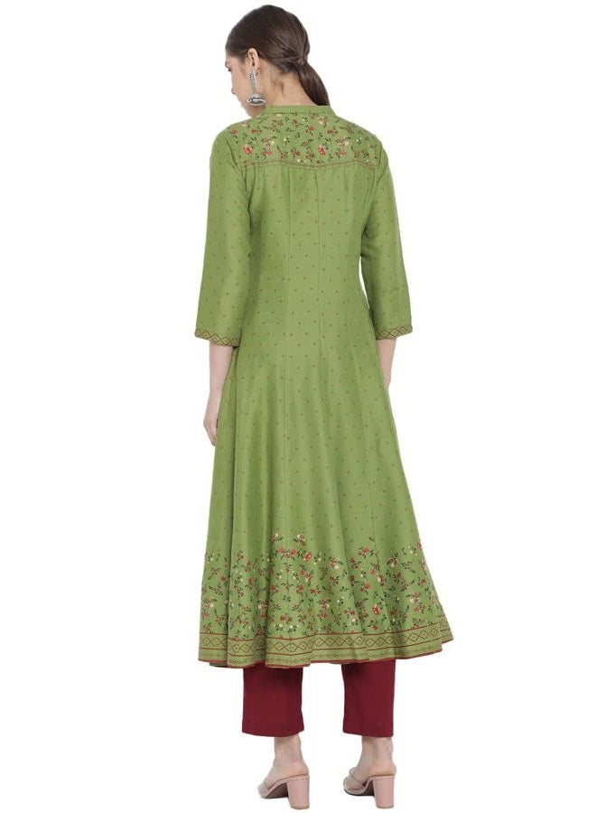 Yash Gallery كورتا أناركالي مزخرف بالأزهار من رايون للنساء (أخضر، م) - Image 4