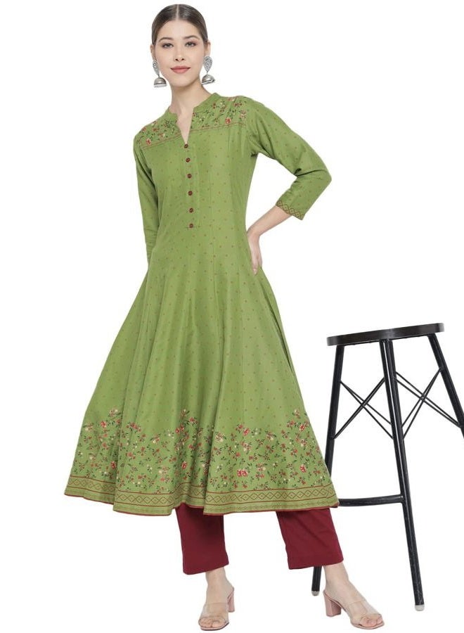 Yash Gallery كورتا أناركالي مزخرف بالأزهار من رايون للنساء (أخضر، م) - Image 5