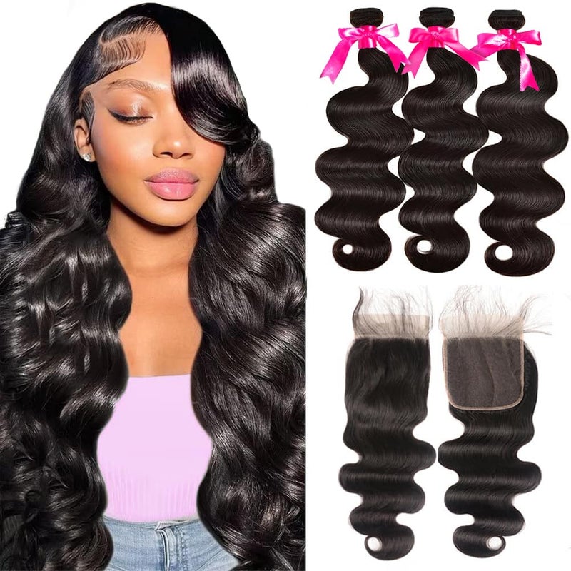 Flady Hair Weave Bundle with Closure 100 Unprocessed Brazilian Virgin Human Hair Bundles with Closure Body Wave 3 Bundles with Closure Human Hair Extensions18 20 2216 Natural Color