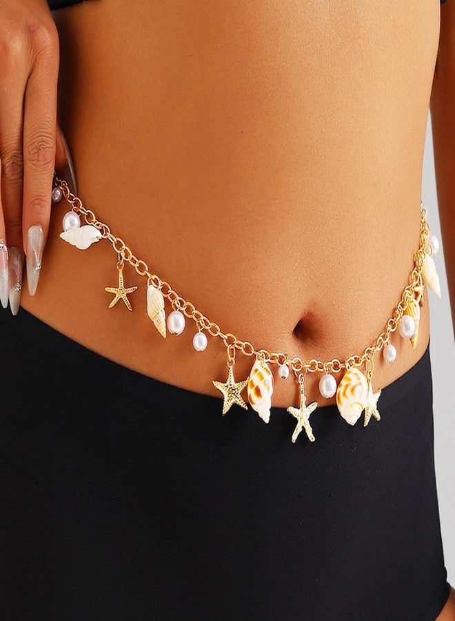 اوريو سلسلة خصر أوريو بوهو على شكل نجم البحر، سلسلة بطن ذهبية من الصدف، سلسلة جسم صيفية للشاطئ للنساء - Image 2