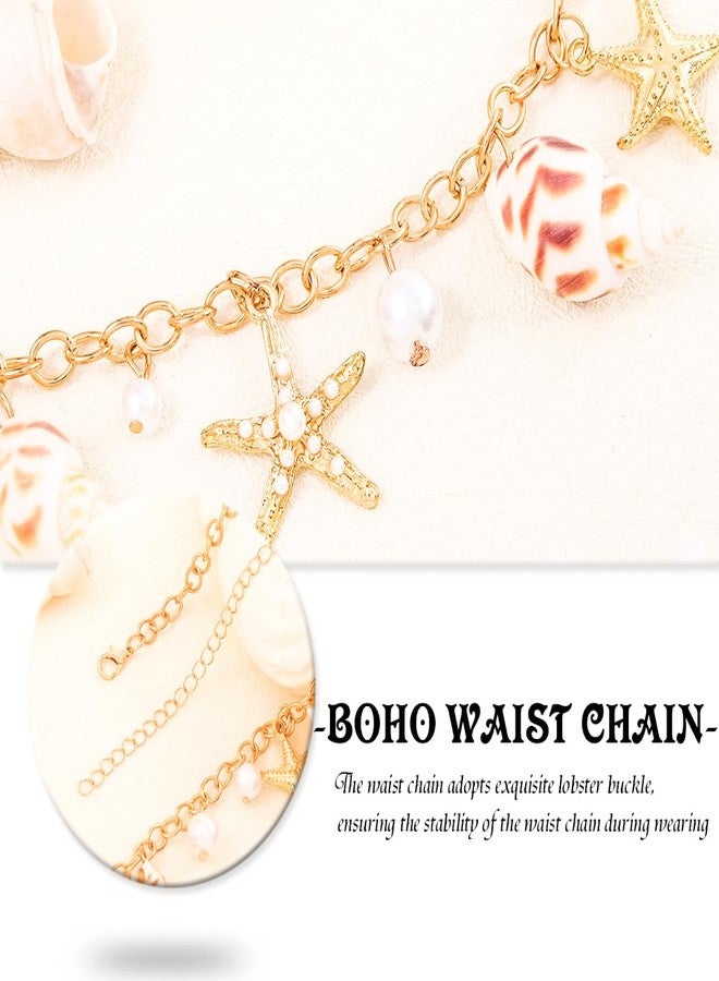 اوريو سلسلة خصر أوريو بوهو على شكل نجم البحر، سلسلة بطن ذهبية من الصدف، سلسلة جسم صيفية للشاطئ للنساء - Image 3