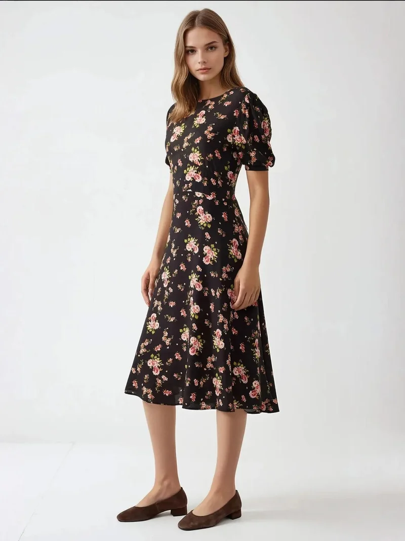 HICCUP Multicolor Floral Crew Neck Midi Dress for Women | Best Price UAE