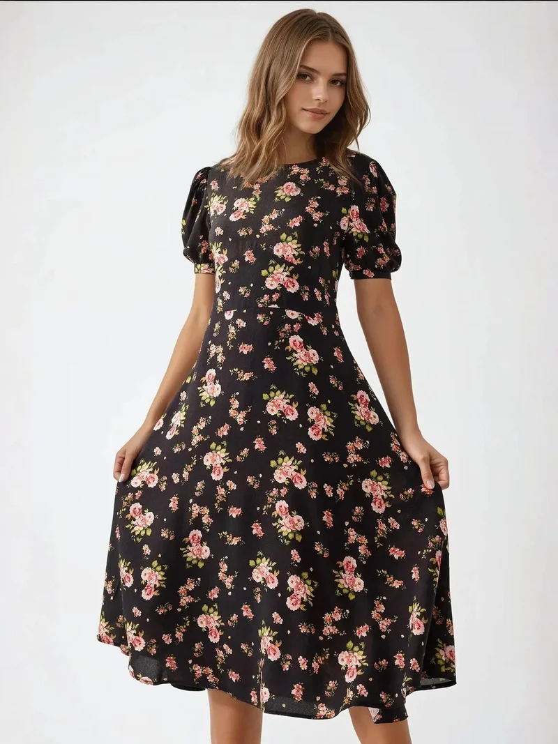 HICCUP Multicolor Floral Crew Neck Midi Dress for Women | Best Price UAE