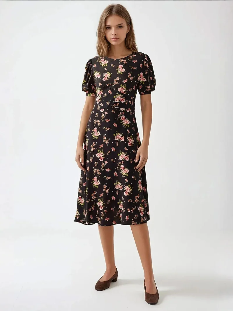 HICCUP Floral Crew Neck Midi Dress