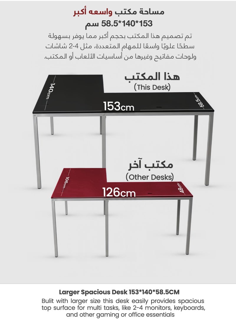 Selene House - Gaming Desk Computer Corner Table L-Shaped Desk for Home Office Gaming Writing Workstation Sturdy Larger Size Spacious Desk Table with String Holes Easy Assembly 153*58.5*72CM(Black) - Image 1