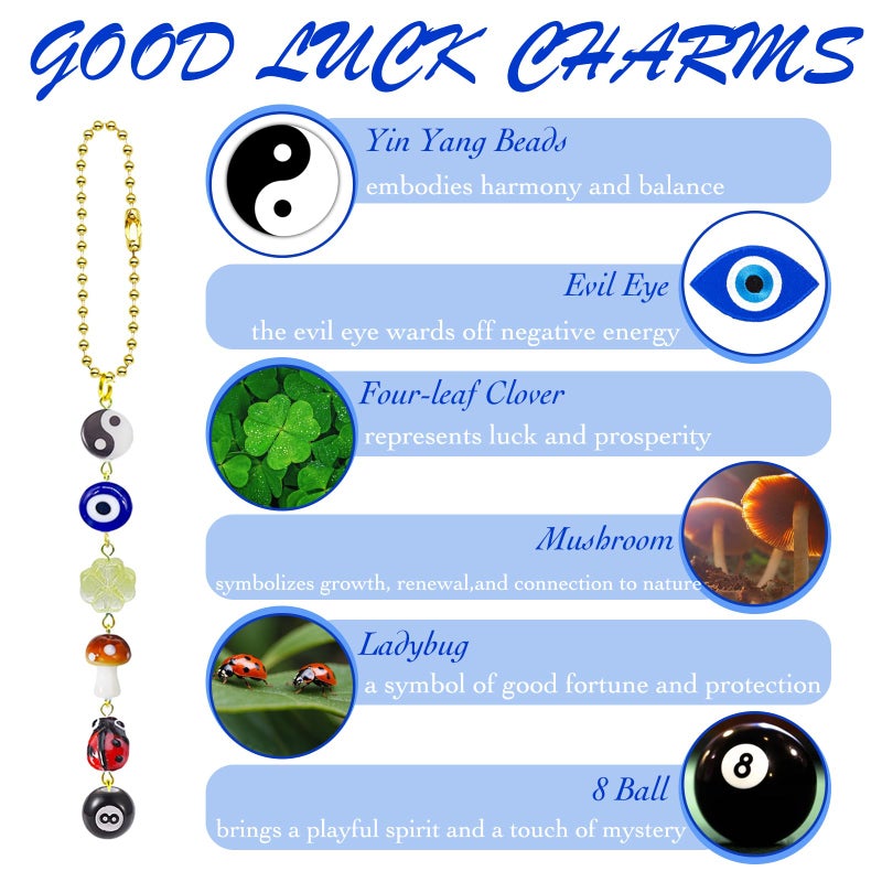 Agromusk Evil Eye Car Hanging Ornament,Good Lucky Days Car Charm,8 Ball Mushroom Four-Leaf Clover Pendant for Car Rear View Mirror,Cute Boho Evil Eye Ladybug Yin Yang Symbol Decor Accessories - Image 3