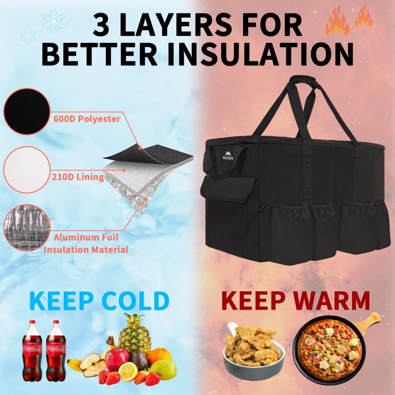 MATEIN Insulated Food Delivery Bag, XXXL Thermal Catering Bag for Hot & Cold Food, Water-Resistant Foldable Pizza Delivery Carriers for Transport with 4 Cup Holders & Reinforced Bottom, Black - Image 2