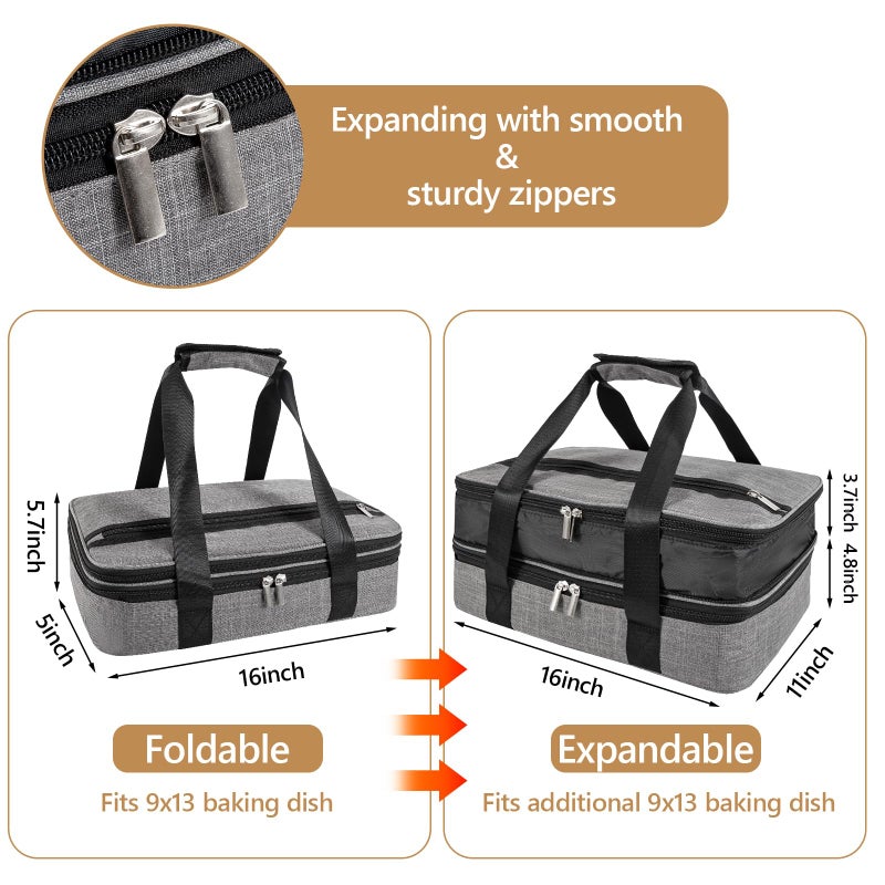 QEES Insulated Casserole Carriers for Hot or Cold Food,Double Decker Casserole Dish Bag Carrying Case,Expandable Food Carrier Warmer Container Bag For Travel Picnic Cookouts.Fits 9"x13" Baking Dish - Image 2