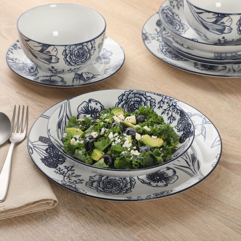 Gibson Home Westerly Court 16-Piece Dinnerware Set, Blue Floral Stoneware Plates & Bowls, Service for 4, Round Durable Everyday Dish Set - Image 2