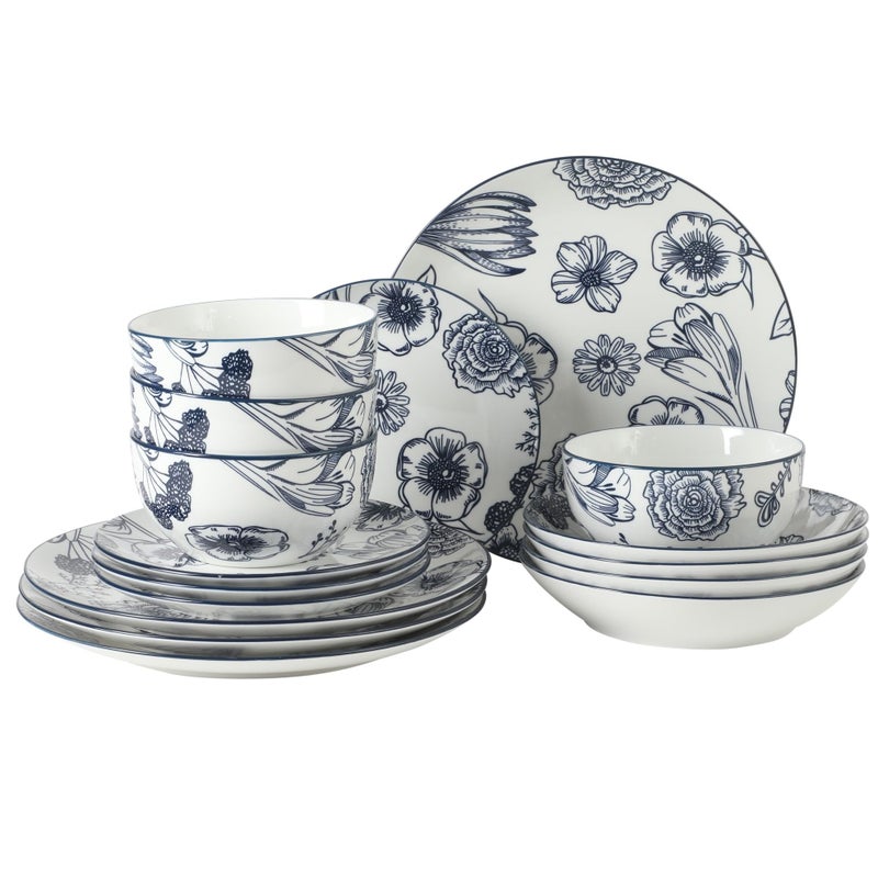 Gibson Home Westerly Court 16-Piece Dinnerware Set, Blue Floral Stoneware Plates & Bowls, Service for 4, Round Durable Everyday Dish Set - Image 1