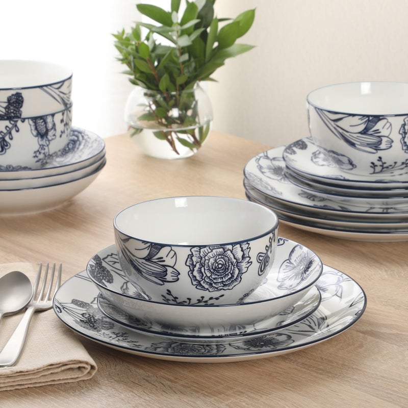 Gibson Home Westerly Court 16-Piece Dinnerware Set, Blue Floral Stoneware Plates & Bowls, Service for 4, Round Durable Everyday Dish Set - Image 4