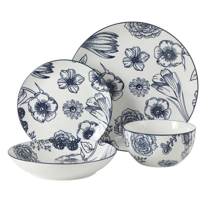 Gibson Home Westerly Court 16-Piece Dinnerware Set, Blue Floral Stoneware Plates & Bowls, Service for 4, Round Durable Everyday Dish Set - Image 5