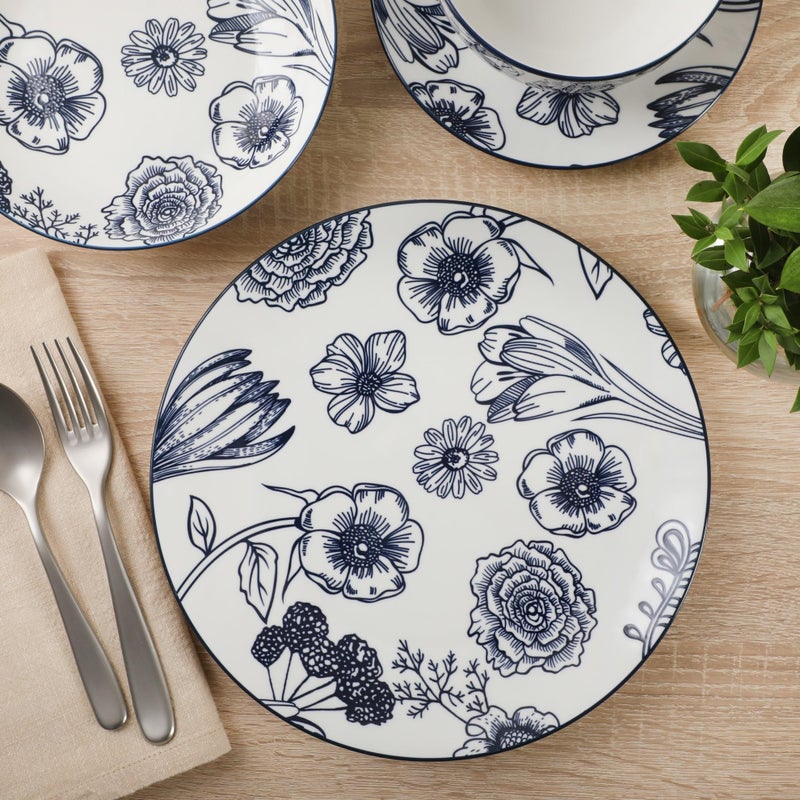 Gibson Home Westerly Court 16-Piece Dinnerware Set, Blue Floral Stoneware Plates & Bowls, Service for 4, Round Durable Everyday Dish Set - Image 3