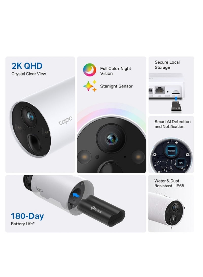 تي بي لينك نظام كاميرا أمان ذكي خالٍ من الأسلاك من Tapo C420S2، نظام كاميرتين، دقة 2K QHD، عمر بطارية 180 يومًا، رؤية ليلية كاملة الألوان، اكتشاف الذكاء الاصطناعي الذكي، وضع خالٍ من الأسلاك، مقاوم للماء والغبار IP65 - Image 2