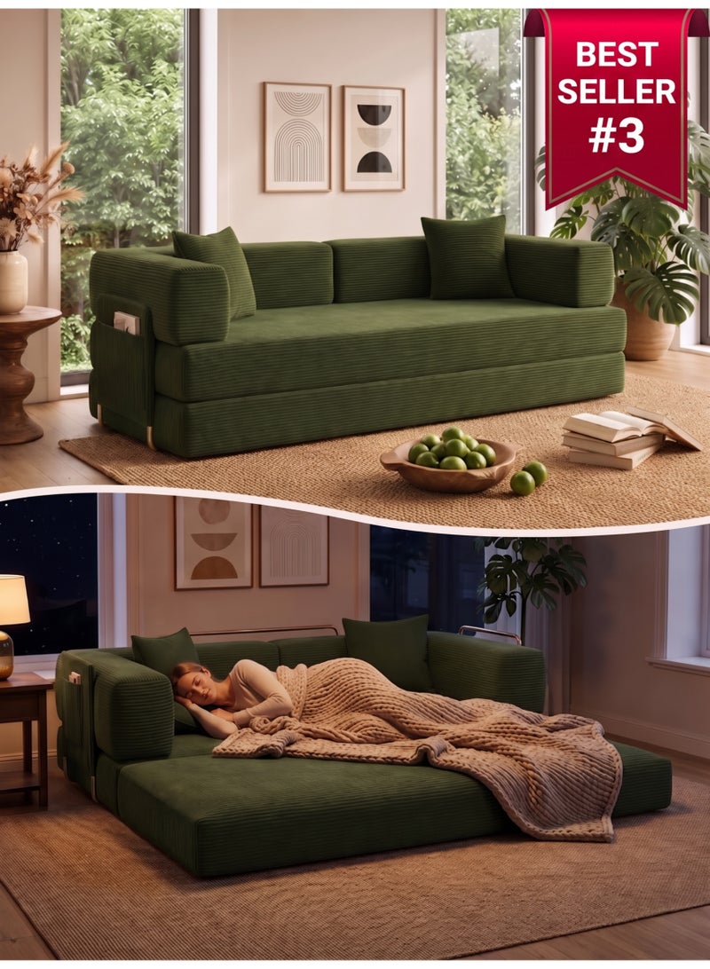 Sofa Bed, Durable Lightweight Ready Filled Convertible Floor Sofa with Side Pocket for Living Room Bedroom Apartment, Comfy Lounge Couch for Adults & Guests (Green) - Image 1