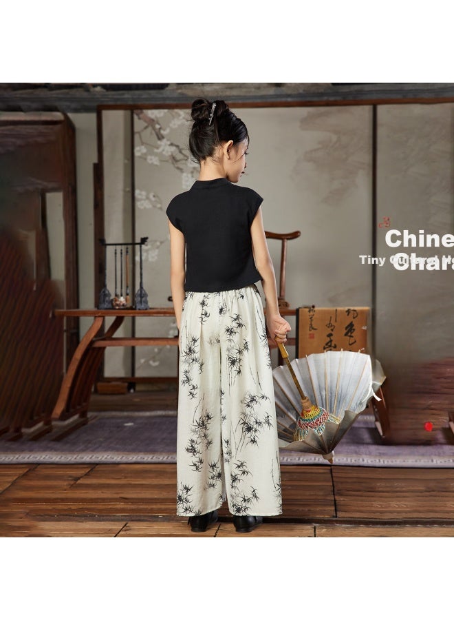 Ask Junior Girls' Hanfu Suit Children'S Lightweight Chinese Style T-Shirt + Printed Long Pants For Big Kids 170 - Image 3