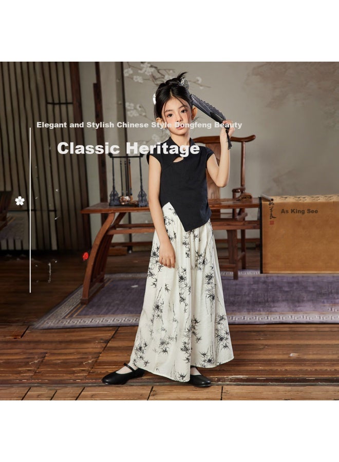 Ask Junior Girls' Hanfu Suit Children'S Lightweight Chinese Style T-Shirt + Printed Long Pants For Big Kids 170 - Image 1