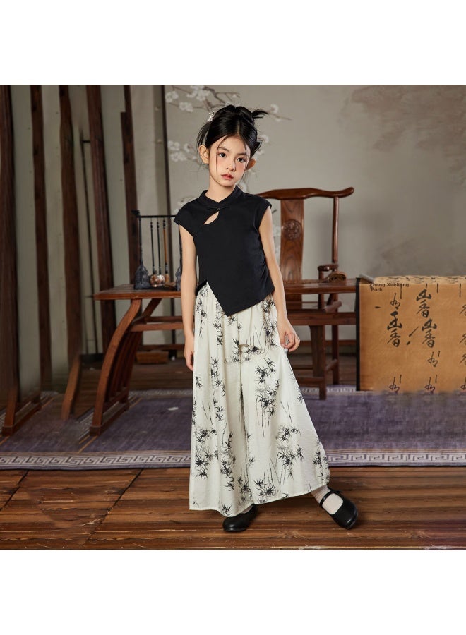 Ask Junior Girls' Hanfu Suit Children'S Lightweight Chinese Style T-Shirt + Printed Long Pants For Big Kids 170 - Image 4