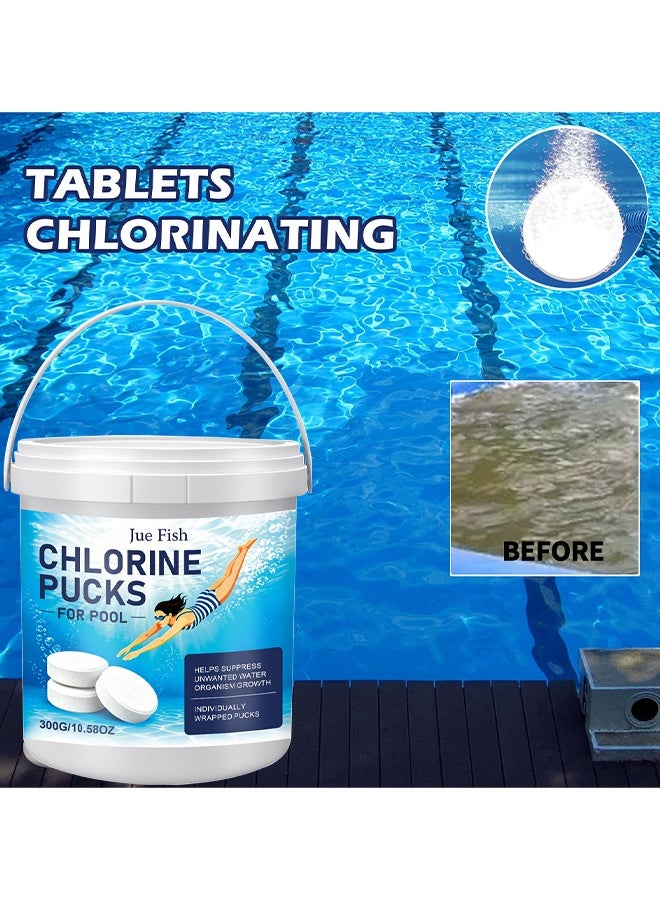 JUE FISH Chlorine Pucks For Pool, Chlorinating Tablets Clear Pool Cleaning Tablets, Eliminates Bacteria And Algae, Makes Water Clean And Crystal Clear, Sanitizes And Protects, For Swimming Pool Disinfection, 300g - Image 2