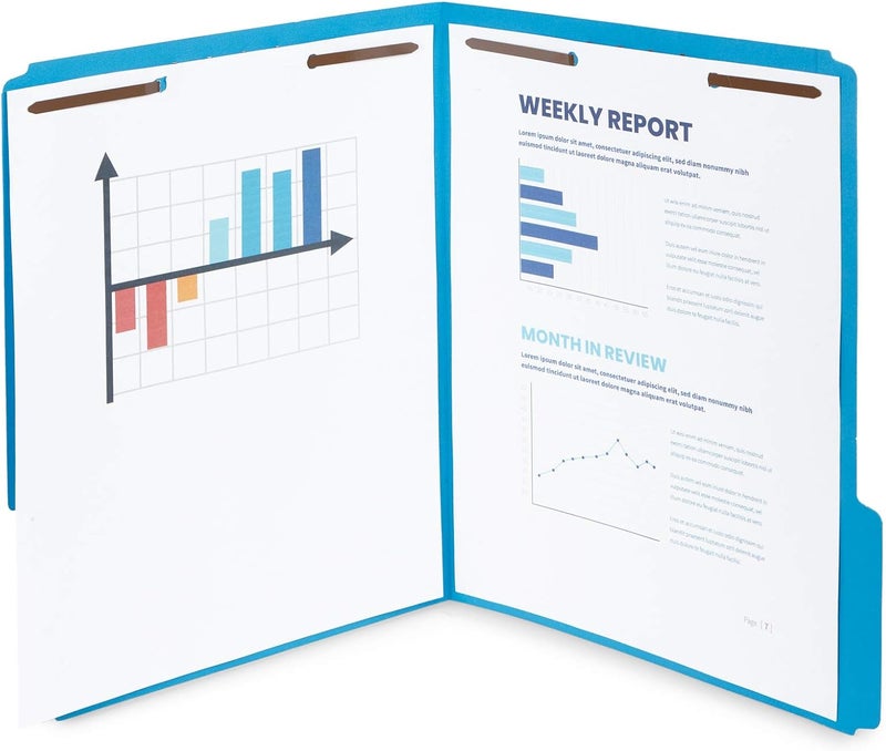 Blue Summit Supplies 50 مجلدات ملفات مثبتة - 1/3 قطع مع علامات معززة - مجلدات زرقاء متينة مع دبابيس - تصميم بدبوسين لملفات طبية، ملفات عملاء قانونيين، تقارير مكتبية - حجم خطاب - Image 2