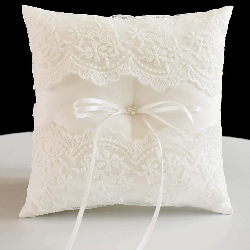STAFUNI Wedding Ring Bearer Pillow, Ivory Lace Ring Pillow Ring Bearer Cushion for Wedding Cereomoy Party - Image 1
