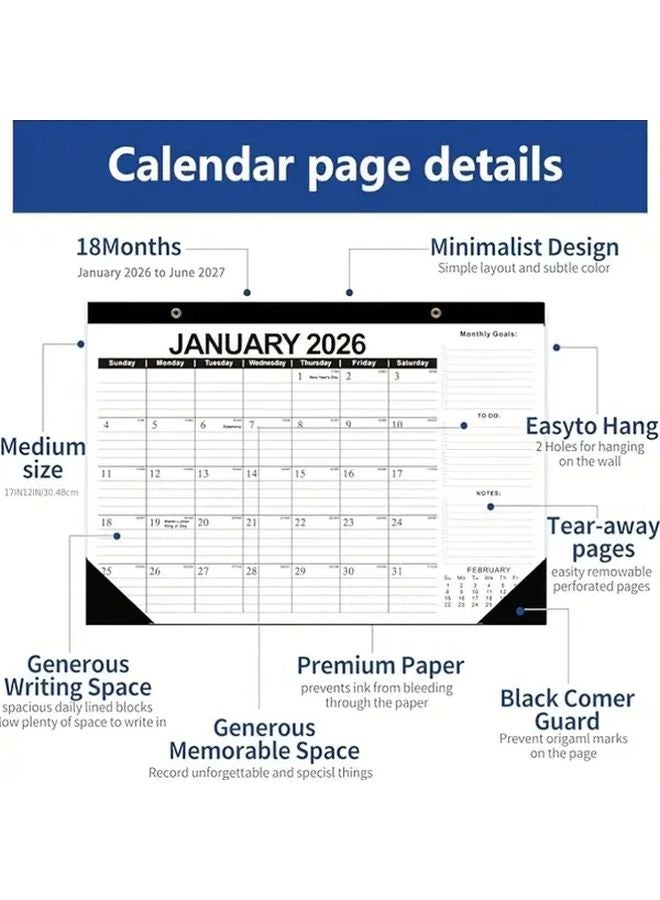 Black And White 2026 2027 Desktop Calendar 18 Month Large Wall Calendar Thick Paper 17x12 Inch - Image 3
