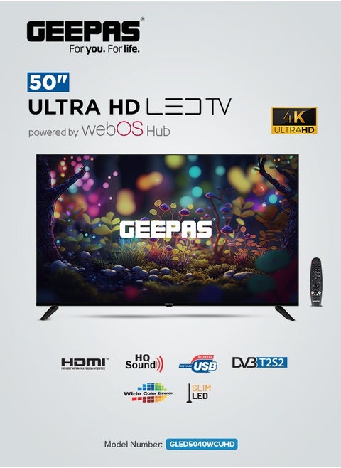تلفزيون 50 بوصة متعدد الألوان 4K LED | مدعوم من WebOS Hub، ووضع AV، وتصميم بدون إطار | مع جهاز التحكم عن بعد، وحامل الحائط، ومنفذ HDMI ومنفذ USB | المحتوى المرخص والتطبيقات الإيجابية لليمن | GLED5040TSUHD