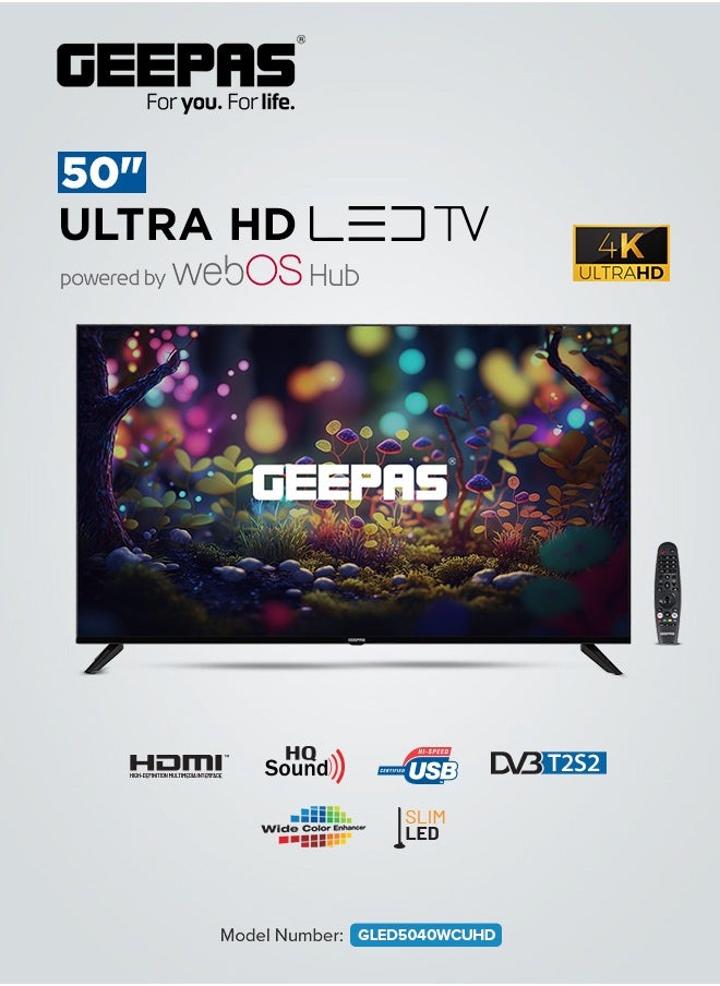 GEEPAS - 50" 4K Ultra HD LED TV| WebOS Hub Powered, AV Mode, Frameless Design| with Remote Control and Wall Bracket, HDMI and USB Ports| Licensed Contents and Pre-Installed Apps| GLED5040TSUHD - Image 1
