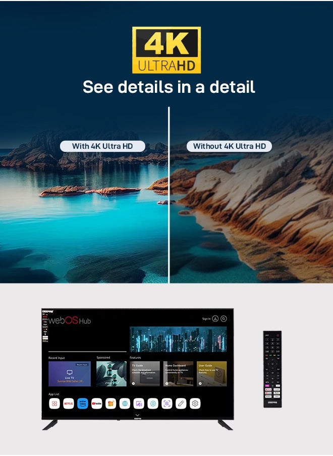 GEEPAS - 50" 4K Ultra HD LED TV| WebOS Hub Powered, AV Mode, Frameless Design| with Remote Control and Wall Bracket, HDMI and USB Ports| Licensed Contents and Pre-Installed Apps| GLED5040TSUHD - Image 1