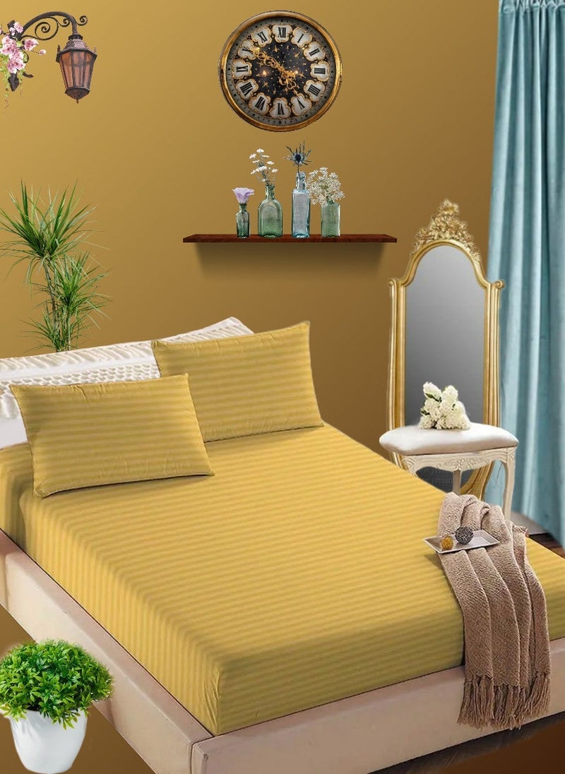 Blueberry Golden Cotton Single Striped Fitted Elastic Bedsheet With 2 Pillowcases  120x200+15cm - Image 1