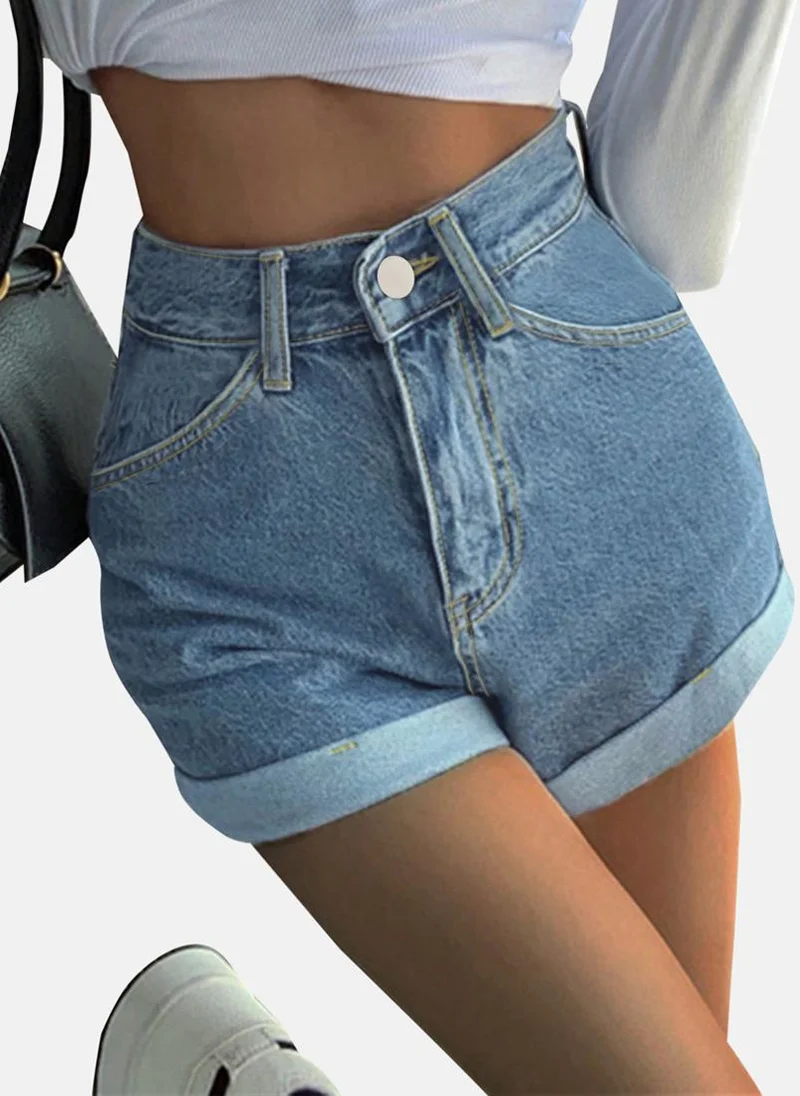 YUNIQEE Blue Slim Fit Solid Denim Shorts
