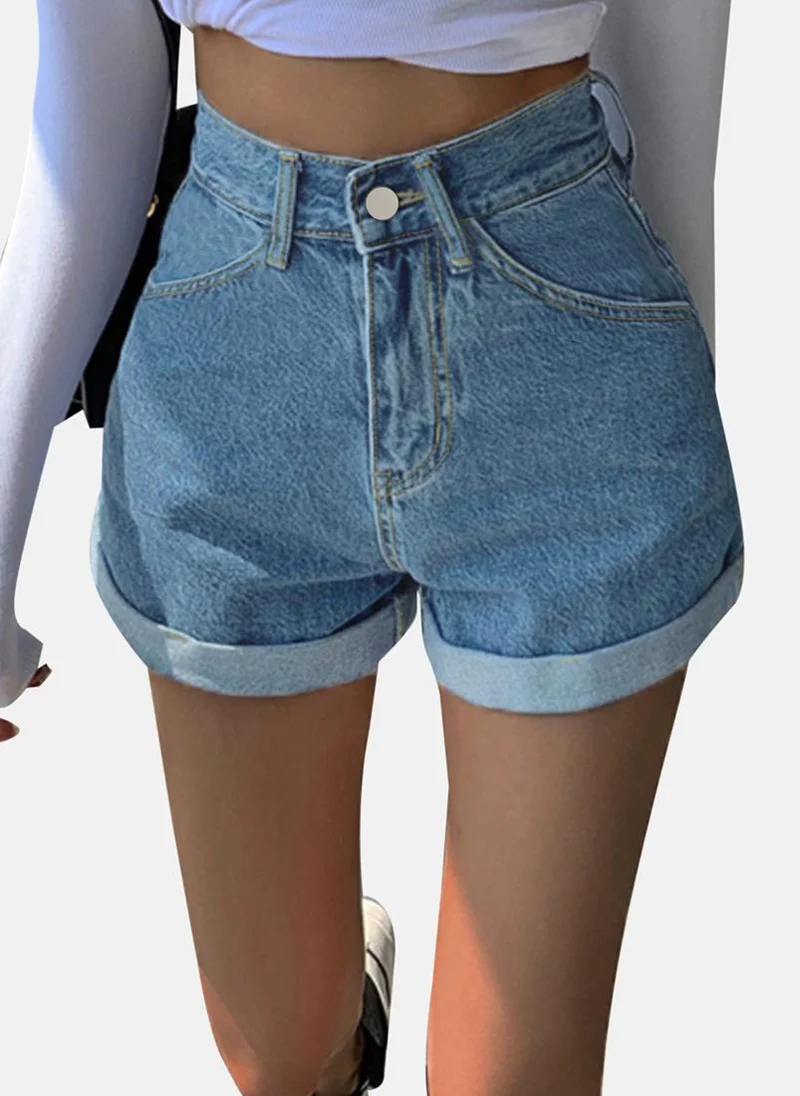 YUNIQEE Blue Slim Fit Solid Denim Shorts