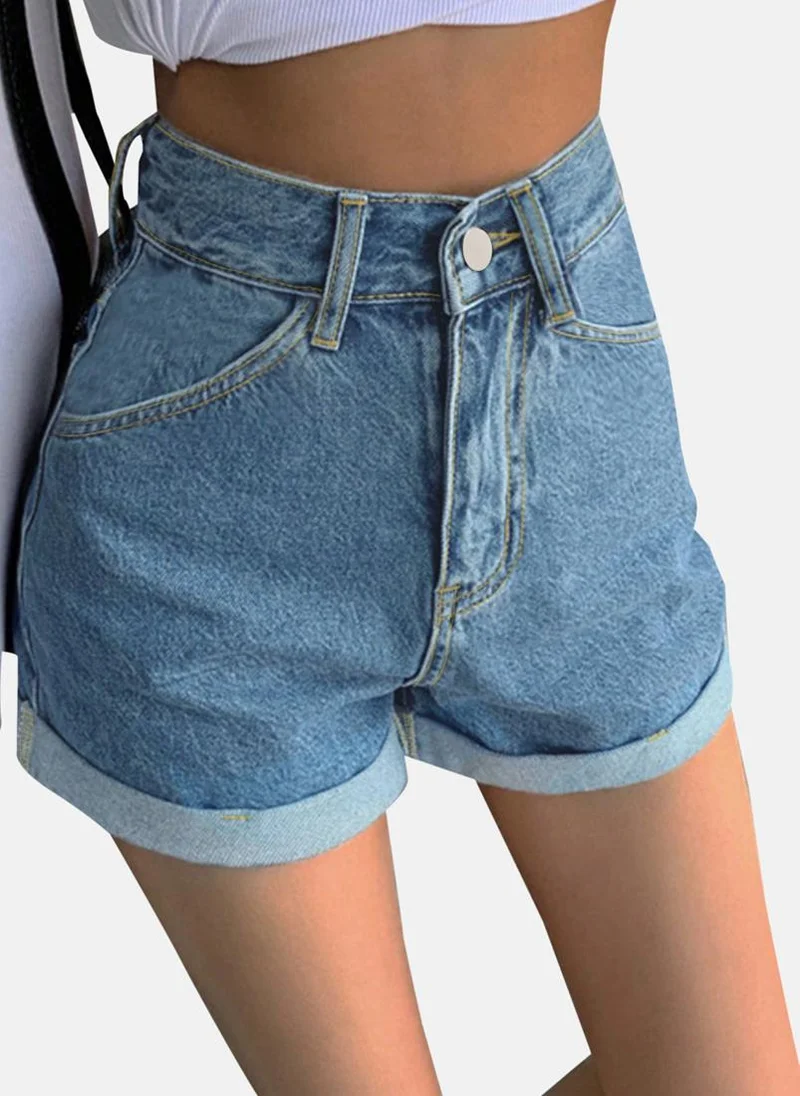YUNIQEE Blue Slim Fit Solid Denim Shorts